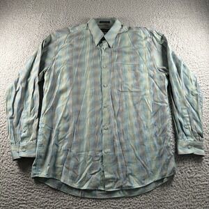 JHANE BARNES Shirt Mens L Striped Japanese Fabric Button Up Teal Rayon Blend